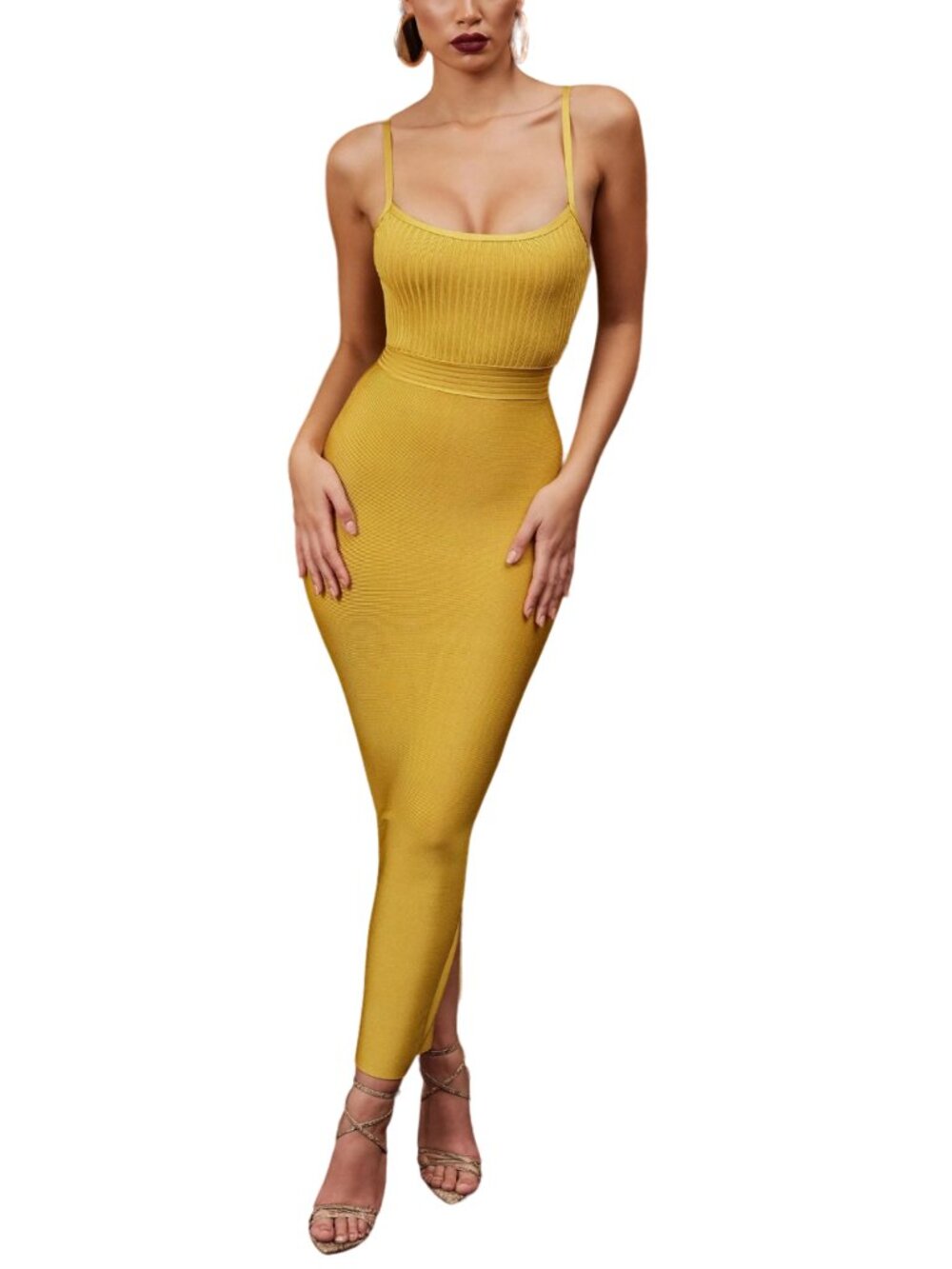 Mustard Gold Ribbed Bodycon Maxi Bandage Dress Open Back Size L
